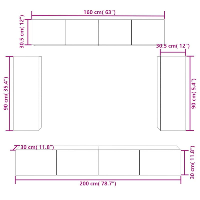 Eaubonne TV Stand, 100cm W x 30cm D x 30cm H, White, 6 cabinet