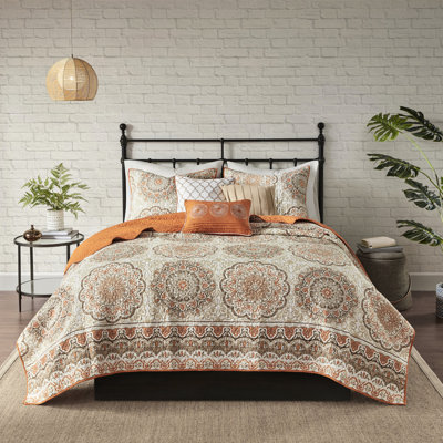 Courtepointe orange pour très grand / très grand lit - imprimé floral moderne, coussins brodés, revers en tissu brossé, 3 taies décoratives et 1 coussin décoratif réversible 6 pièces orange, motif en médaillon, taille