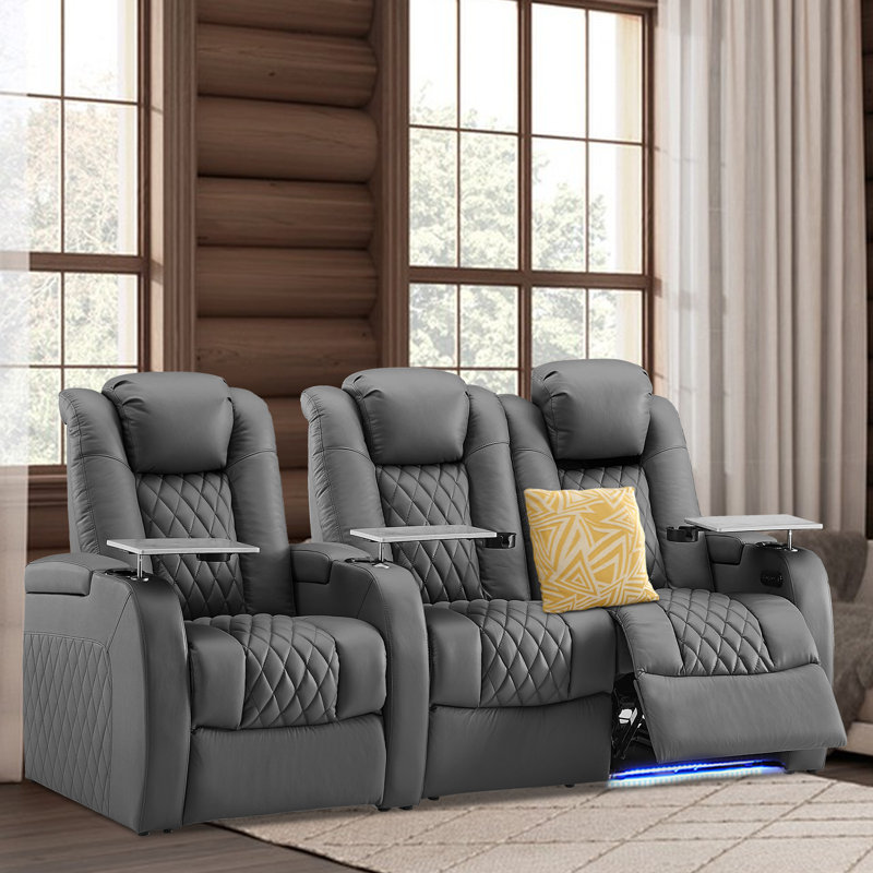 Siège de cinéma en cuir Blosser avec porte-gobelet, Cuir véritable gris, 3