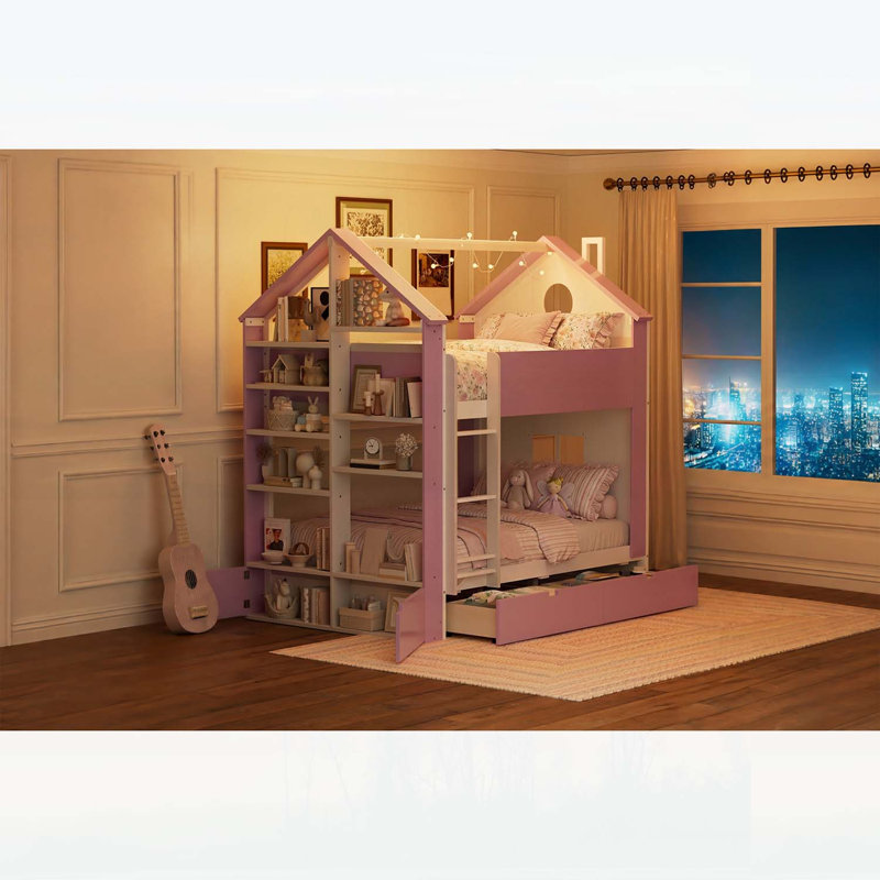 Lit superposé double avec tiroirs et tablettes de rangement, conception moderne en bois à deux tons, meubles de chambre à coucher peu encombrants, blanc et rose