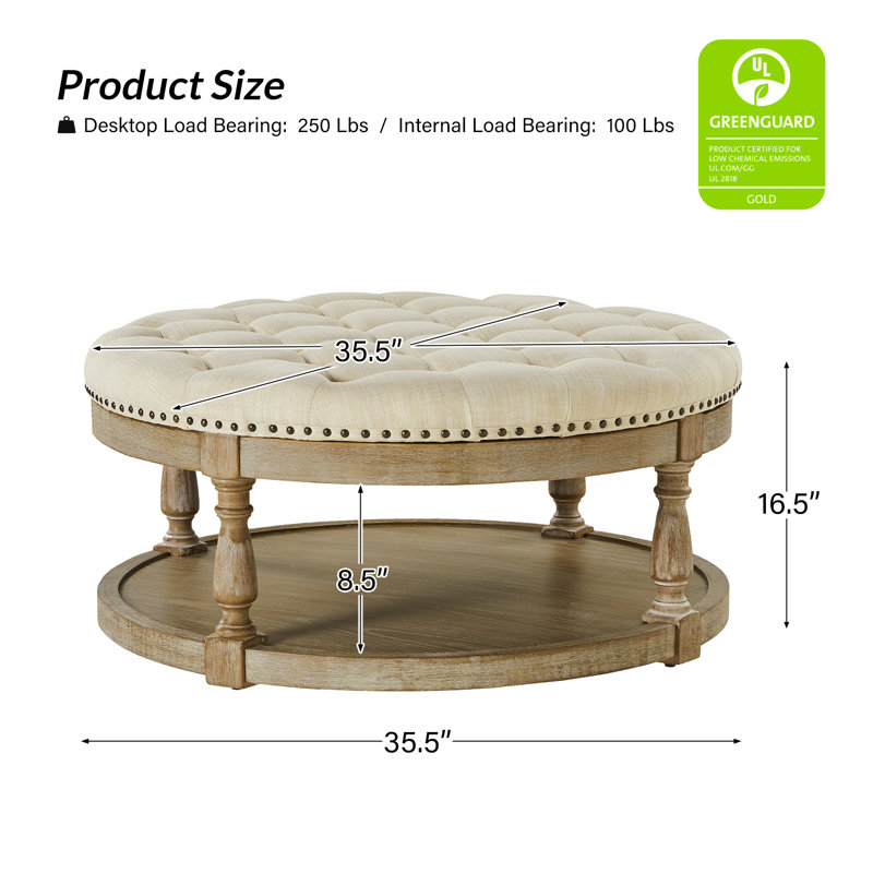 Lynde Kat Button Tufted Storage Ottoman, Beige Performance Linen