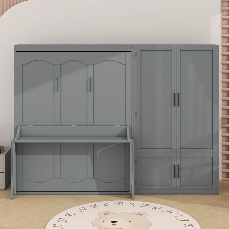 Grand lit escamotable mural avec placard, Gris