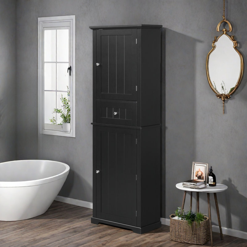 Tall Bathroom Storage Cabinet With A Drawer, Storage Cabinets And Adjustable Shelf, Vertical Striped Design, Black