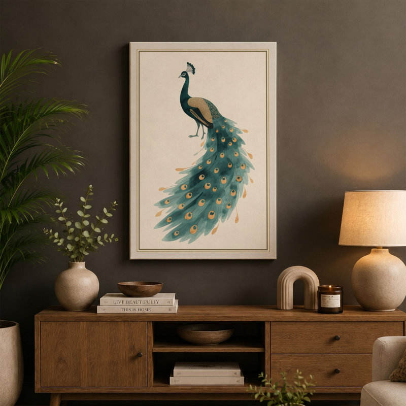 Peacock in Profile Botanical - Wrapped Canvas, 36x24 - 91.4 x 61.0 cm, Terracotta Border