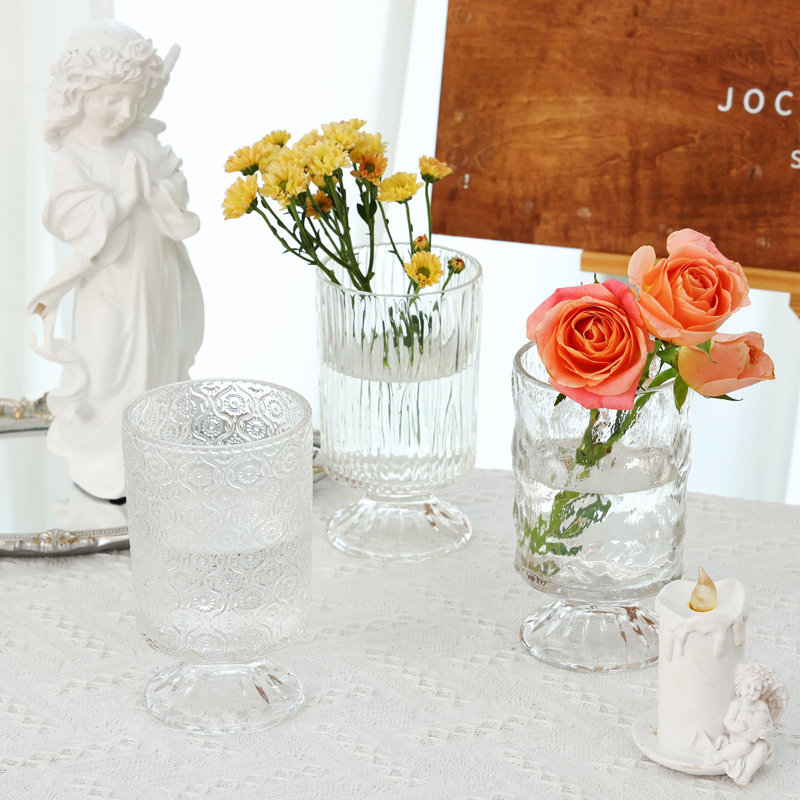 Set of 3 Clear Embossed Glass Vases for Wedding Centerpieces