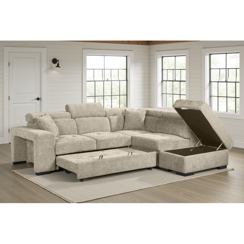 Corner Sofabed with Storage and Ottomans, Right Hand Facing, Beige Chenille