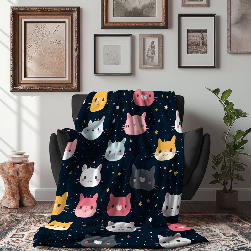 Kawaii Kitten Prints - 1 pièce Sherpa Premium, Lit simple
