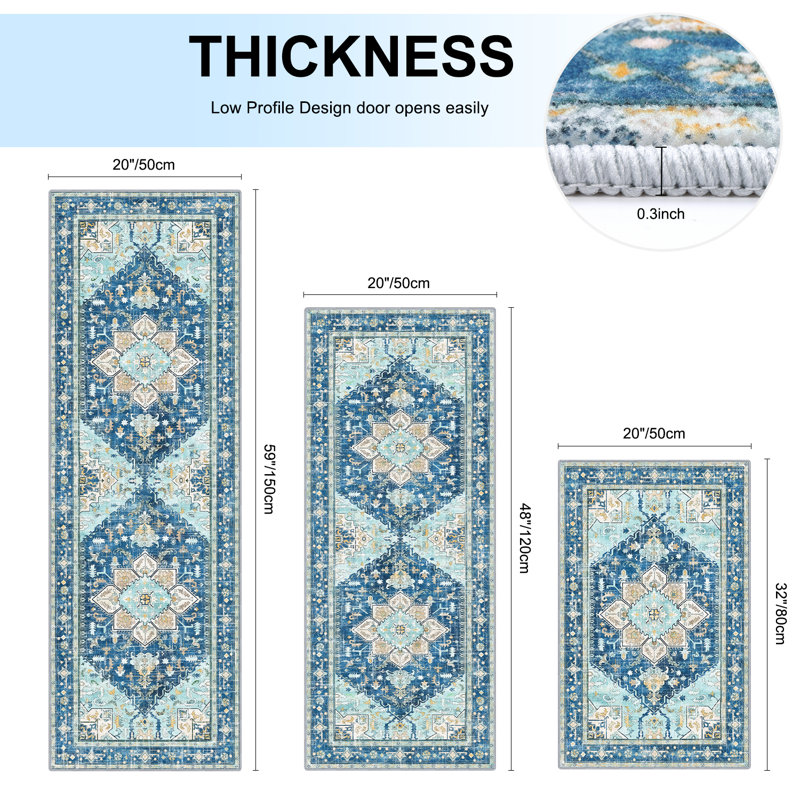Vintage Faux Nylon Fleece Non-Slip Kitchen Mat & Runner, Blue