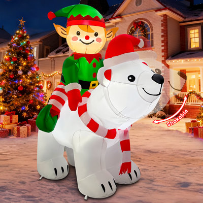 6 FT Christmas Elf Riding Shaking Head Polar Bear with Built-In LED Lights