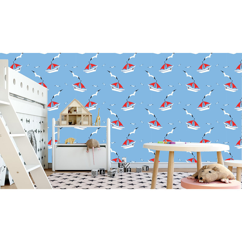 Rouleau de papier peint adhésif Vickrey Yacht on Sea and Seagull L 10 pi x l 24 po