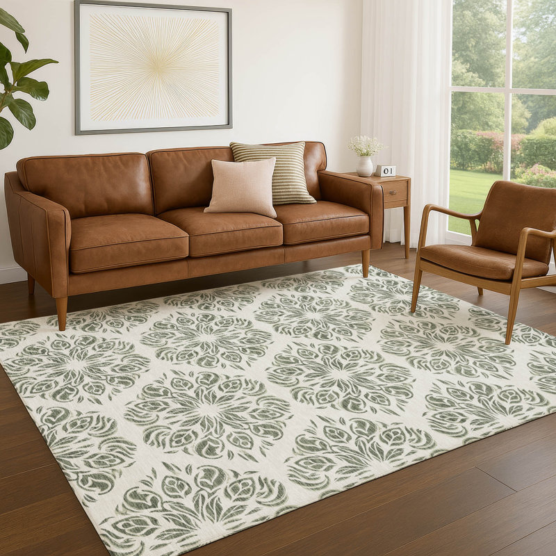 Tapis damassé intérieur / extérieur lavable à la machine ACN2456, Basilic, 9 pi x 12 pi