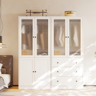 20"D x 63"W x 71"H Modern Armoire With Soft-Close Doors — Fluted Glass Wardrobe Closet With Shelves & Drawers by Latitude Run