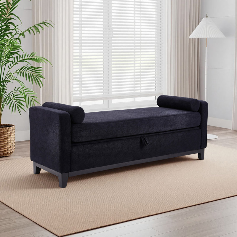 Banc rembourré moderne de 66 pouces avec coussins à double extrémité Grand compartiment de rangement intégré Revêtement en tissu de peau de mouton Pieds en grain de bois massif Banc multifonctionnel Repose-pieds Canapé-lit Banc de rangement adapté au salon