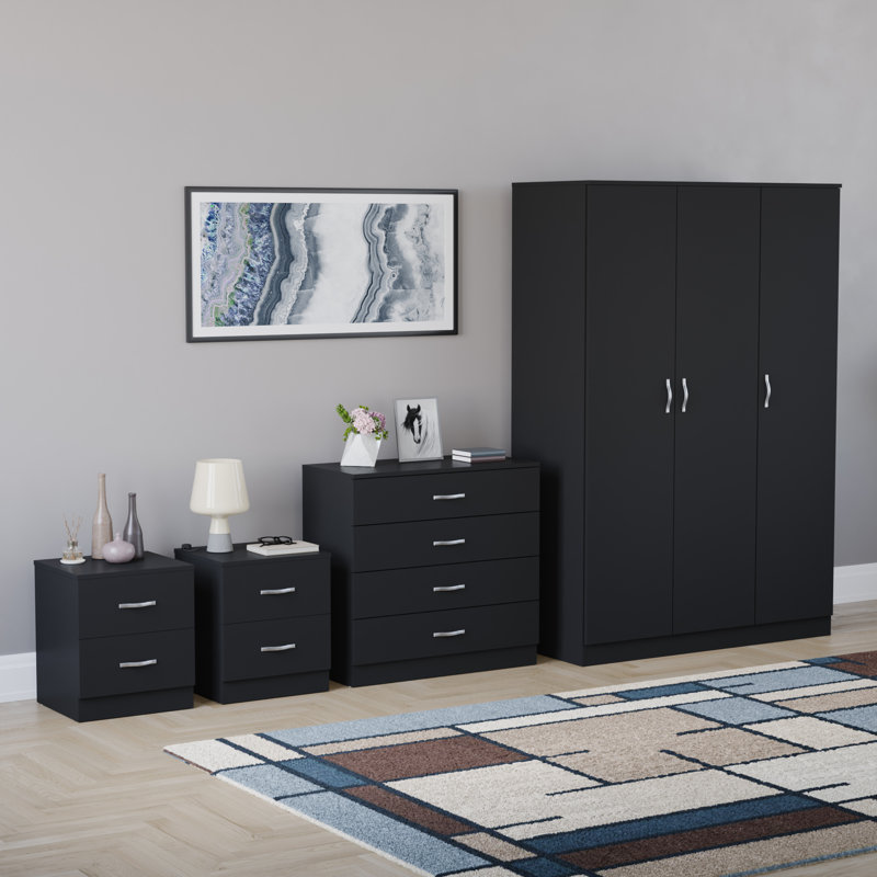 Tayce 4 Piece Bedroom Set (2 Drawer Bedside Chest X2, 4 Drawer Chest, 3 Door Wardrobe), Black