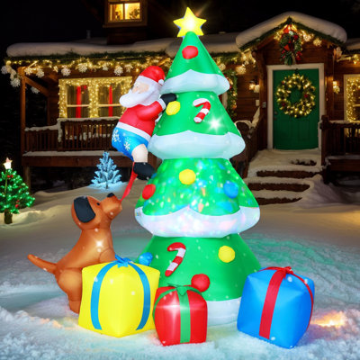 Arbre de Noël de 7,7 pi, décorations d'extérieur pour arbre de Noël, arbre d'escalade du Père Noël chassé par un chien, lumières DEL intégrées avec boîtes-cadeaux, dégagement pour la cour, les fêtes et les fêtes