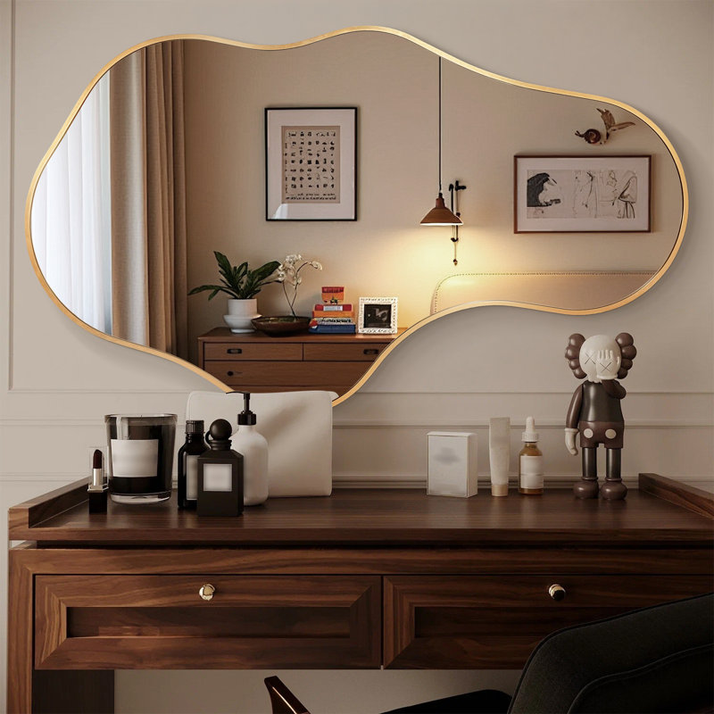 Modern Asymmetrical Wall Mirror with Aluminum Frame - Unique Geometric Design for Living Room, Bedroom, or Entryway, Gold