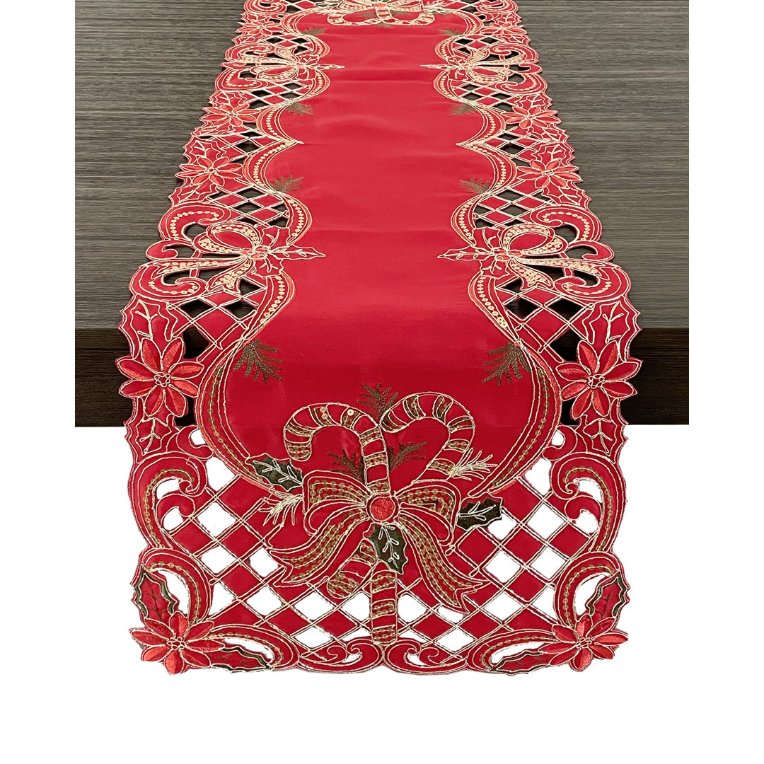 Red Embroidered Sequin Candy Cane Holly Ribbon Cutwork Table Runner The Holiday Aisle® 