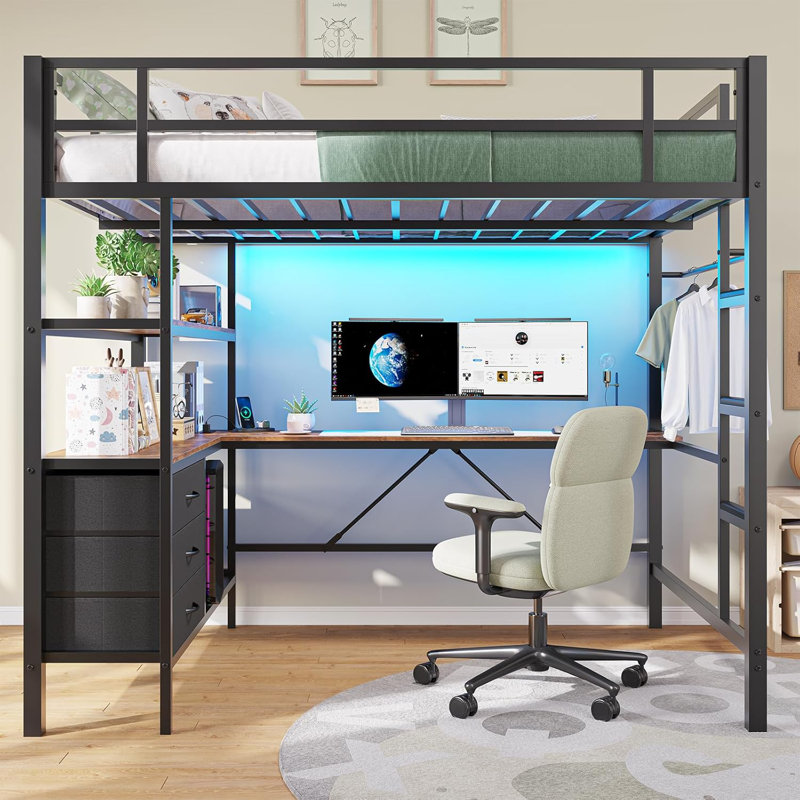Full Size Loft Bed With L-Shaped Desk And Charging Station,Full Metal Bed Frame With Led Lights,Open Shelves And 3 Fabric Storage Drawers,Loft Beds With Top Bunk -Safety Guard & Stairs