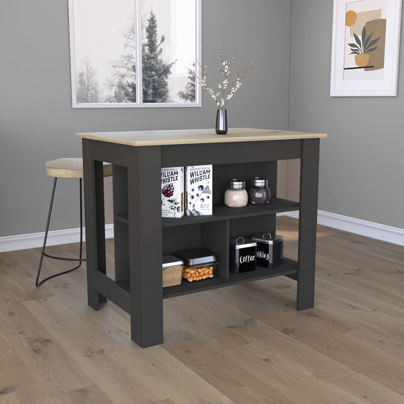 Îlot de cuisine, table de cuisine H 35 po, quatre pieds, trois tablettes de rangement ouvertes, chêne noir / clair, Noir