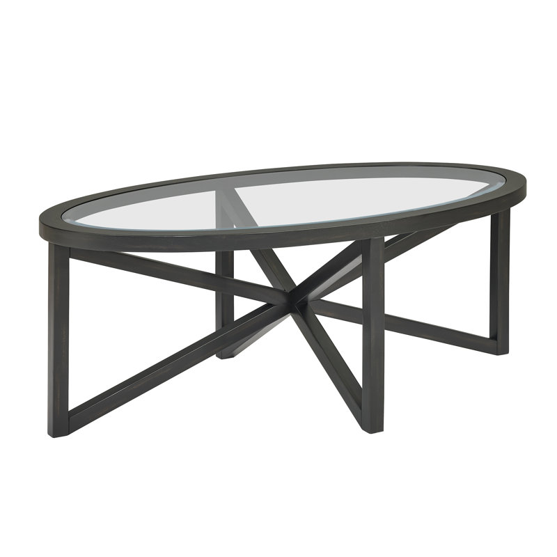 Wood 28.34"oval coffee table with glass top, Black, Cherry