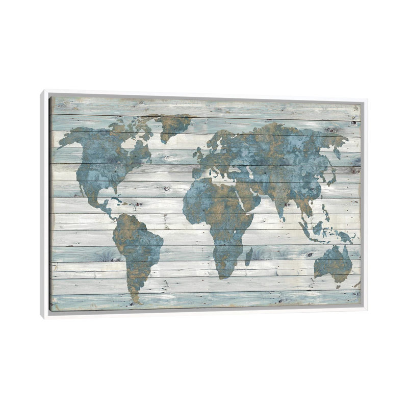 World Map on Wood by Jamie Macdowell - Wrapped Canvas Print, No Mat, 26" H x 40" W x 1.5" D, White Framed