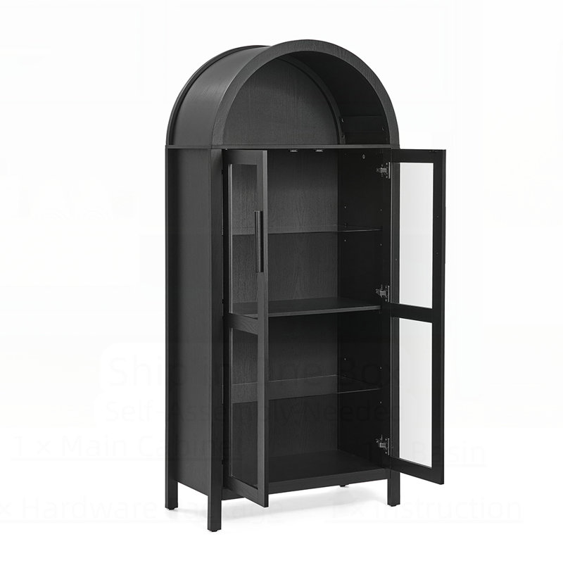 Modern Retro-Style Wooden Storage Cabinet with Adjustable Glass Partitions and High Arched Design for Multi-Functional Kitchen Use