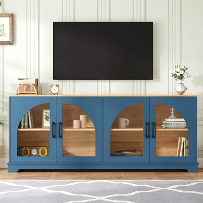 TV Stand With Semi-Arched Glass Doors For Tvs Up To 70", Two-Tone Media Console With Adjustable Shelves
