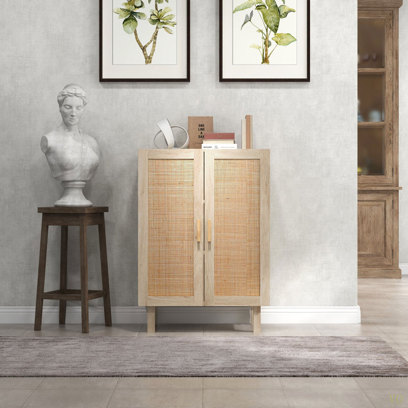 Buffet buffet, armoire de cuisine avec 2 portes en rotin et tablettes réglables