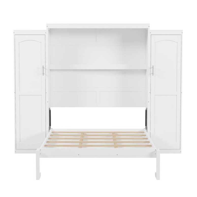 Lit escamotable double avec garde-robe et tablette de rangement, cadre de lit plateforme pliable multifonctionnel pour chambre d'amis, chambre à coucher, blanc