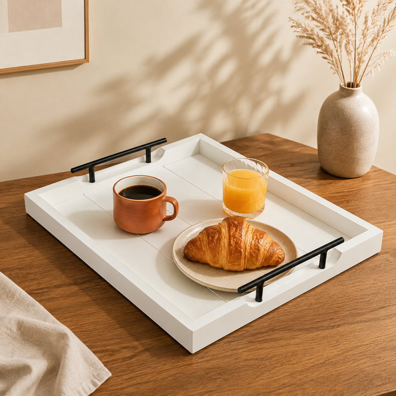 Plateau de service rectangulaire en bois d'acacia, 40,6 x 33 cm, fabriqué à la main, blanc rustique, Blanc rustique