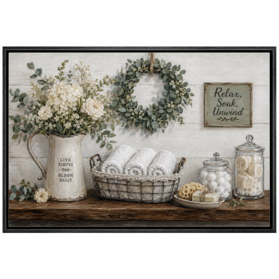 Rustic Bathroom Relax Soak Unwind Floral Decor Framed Canvas Master Bedroom Wall Art Work Print