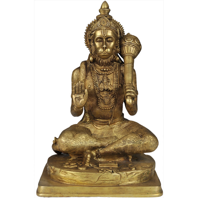 Statue de lord Hanuman faite à la main en laiton 11 "- Antique vert et or