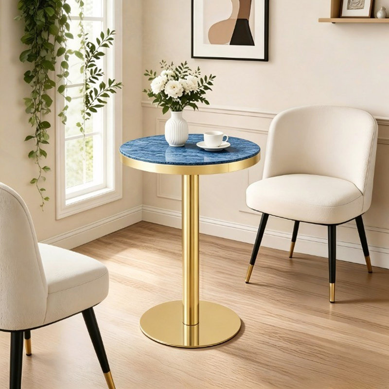 Panneau de fibres à densité moyenne rond de 23,6 po recouvert d'un comptoir de peinture UV, texture marbre, bordure en acier inoxydable, pieds de table en métal, table basse moderne et luxueuse.