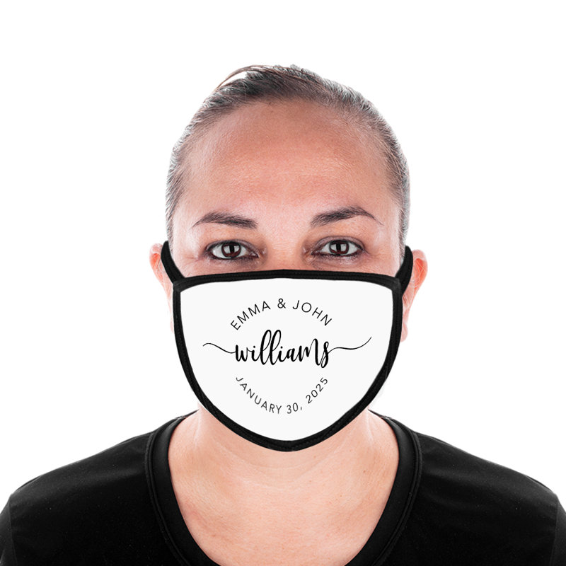 Masque de mariage personnalisé, noms et date, masques faciaux en tissu blanc avec 1 filtre remplaçable PM 2,5, paquet de 1