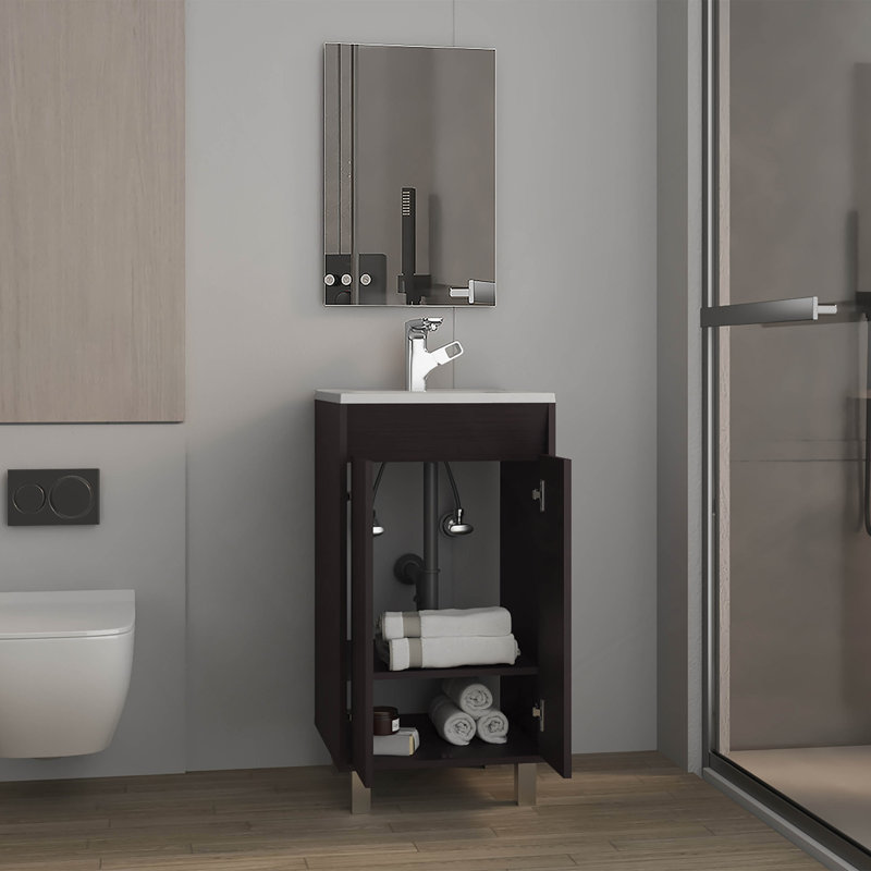 Ensemble de salle de bain, armoire avec lavabo + miroir, 2 portes, 4 pieds, 2 tablettes, 1 miroir, wengé noir, Noir