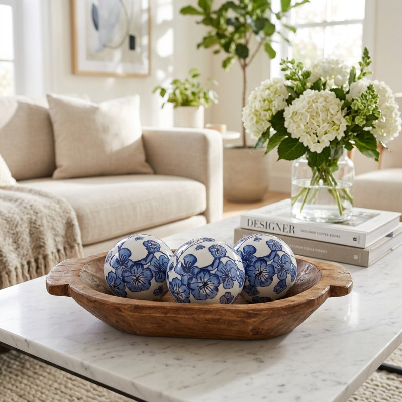 Ensemble d'objets décoratifs ronds en céramique de style chinoiserie pour le salon - Présentoir de décorations modernes pour tablettes - ensemble de 3, 5 po, bleu et blanc