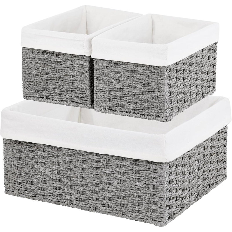 Wicker Basket, Set Of 3 Hand-Woven Storage Baskets For Organizing, Rectangle Wicker Storage Basket Bins With Handles, Small Toilet Paper Storage Baskets For Shelves & Decor