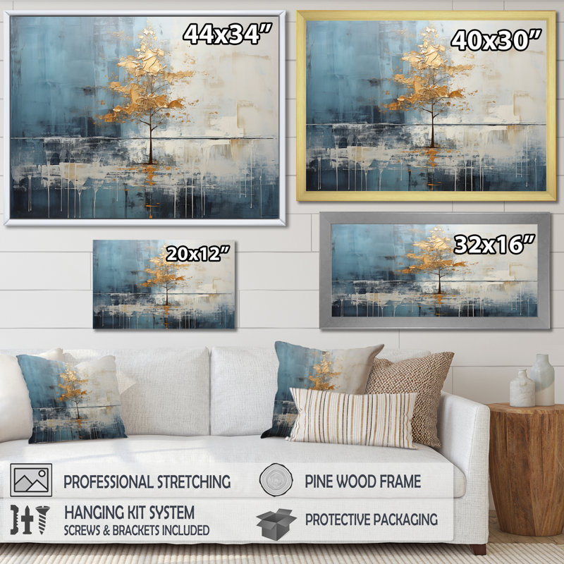 «Gold and Blue Bird Bloom Springtime IV», art mural sur toile, H 32 po x l 16 po x P 1 po, Cadre de coin argenté fermé