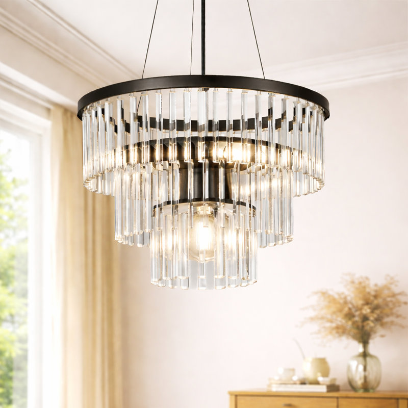 3 - Light E27 Chandelier with Crystal dining table - black modern hanging lamp