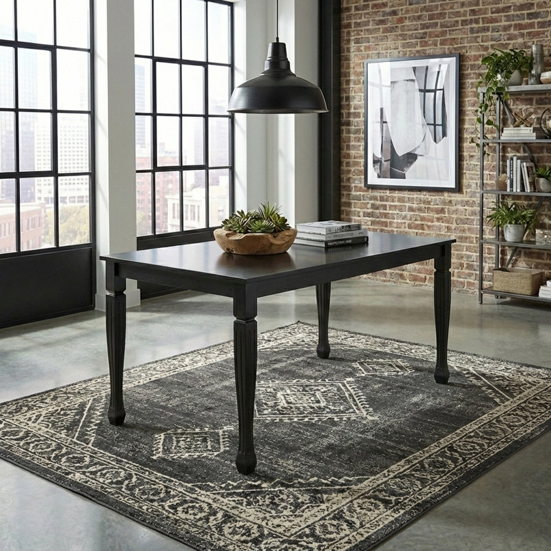 Modern 63 Inch Rectangular Dining Table, Black Finish Solid Rubberwood