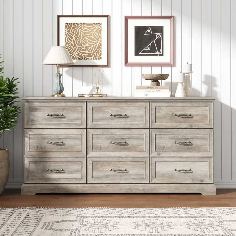 Commode à 9 tiroirs de 62,99 po, commode de chambre moderne avec poignées en métal et base renforcée, Gris