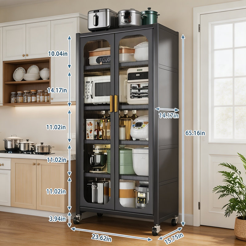 Armoire de rangement de 65 pouces; Présentoir en métal à 6 niveaux avec portes transparentes, tablettes réglables et roulettes; une solution de garde-manger pour les cuisines, les salons et les salles à manger; gris.