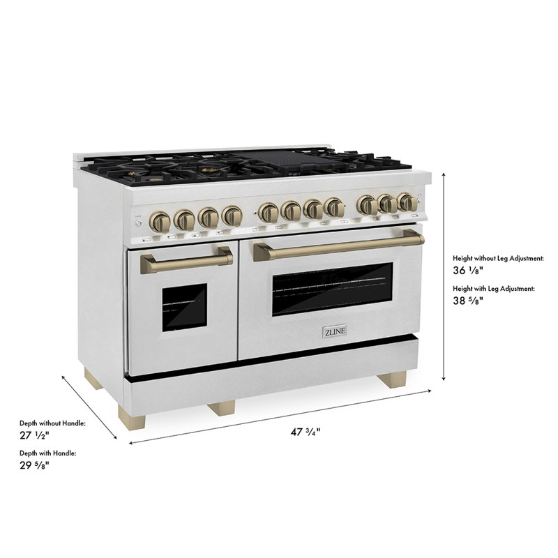 ZLINE Autograph 48" Legacy Dual Fuel Range in DuraSnow®, Champagne Bronze Satin Stainless Steel