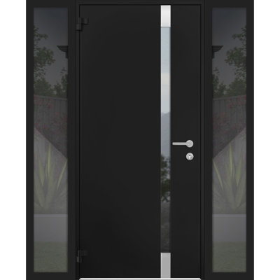 Front Exterior Prehung Steel Door / Cynex 6777 Black / 2 Side Exterior Windows / Stainless Inserts Single Modern Painted-W14+36+14" x H80"-Right-hand Inswing