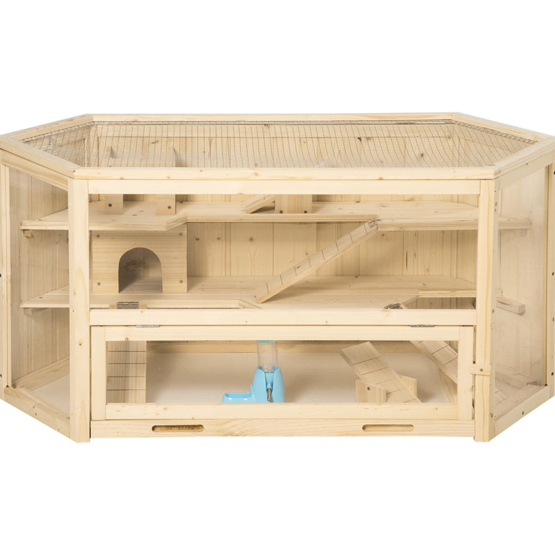 Cage à hamster en bois à 3 niveaux - Comprend des bascules, une bouteille d'eau et une zone d'activité captivante avec un centre d'exercice intrigant