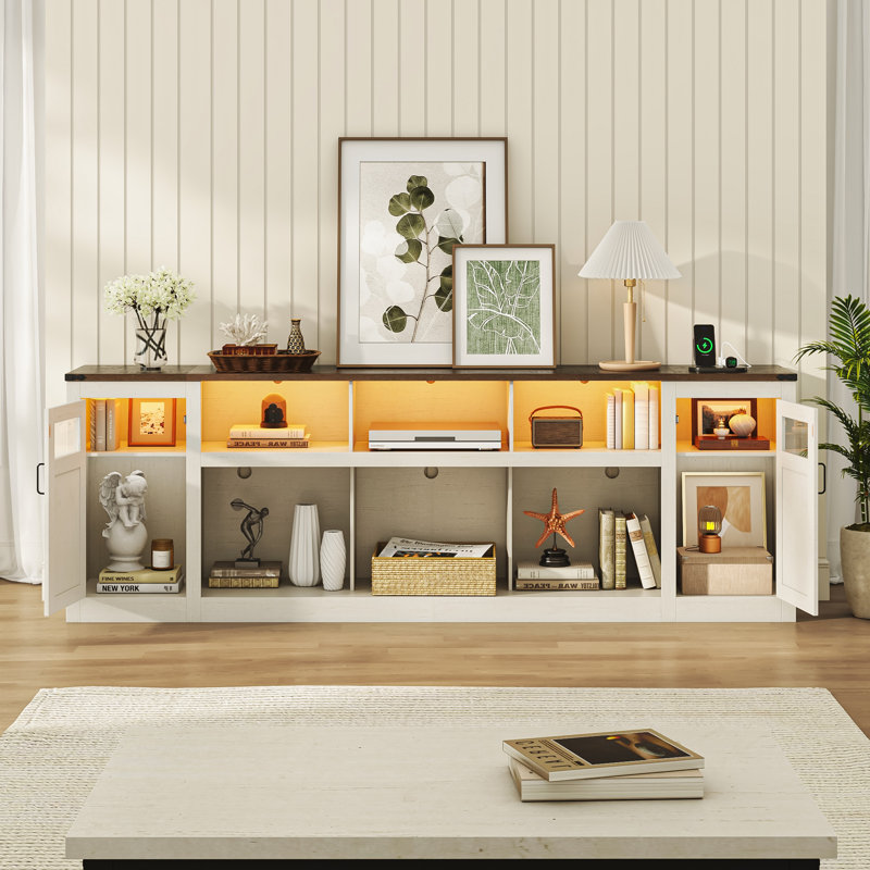 95" Farmhouse Tv Stand For Tvs Up To 100 Inch With Power Outlets, Large Media Console With Led Lights For Living Room, White