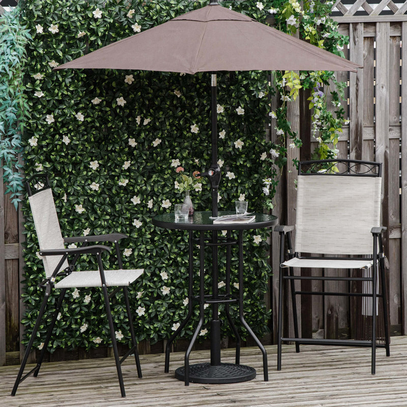 Ensemble de jardin 4 pièces beige. Comprend 2 chaises pliantes, un parasol ajustable et une table en verre trempé. Parfait pour le jardin, la terrasse ou la piscine. Composition : acier et maille respirante. Ensemble pliable.