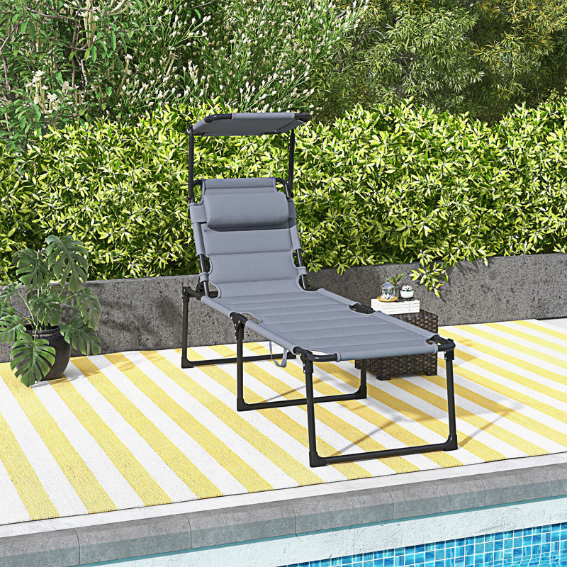 Outdoor Lounge Chair, Adjustable Backrest Folding Chaise Lounge, Cushioned Chair With Sunshade Roof & Pillow Headrest, Gray