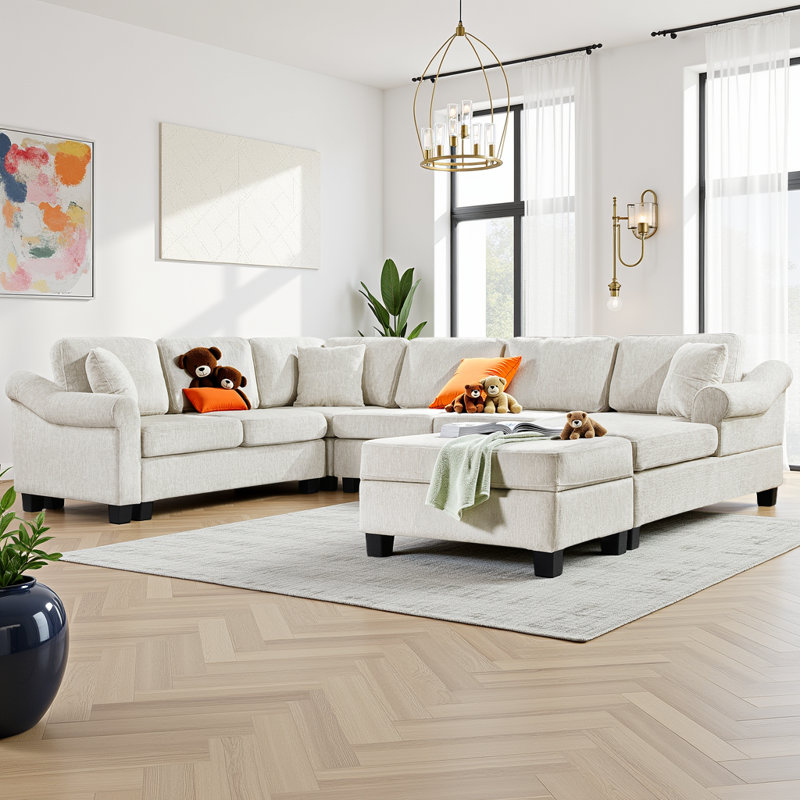 111.8" U-Shaped Chenille Sectional Sofa - 6-Seater with Movable Storage Ottoman, 330 lb/Seat Capacity, White Chenille