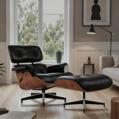 Top Grain Leather Swivel Accent Chair, Mid-century Wood Lounge Chair With Ottoman by Asukale
